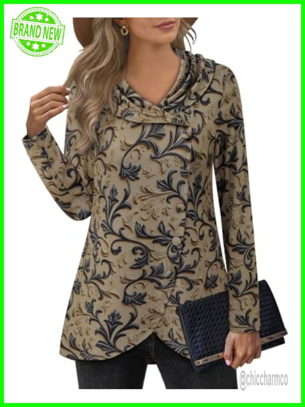 Women's Long Sleeve Tunic Sweatshirt with Button Side Tulip Hem